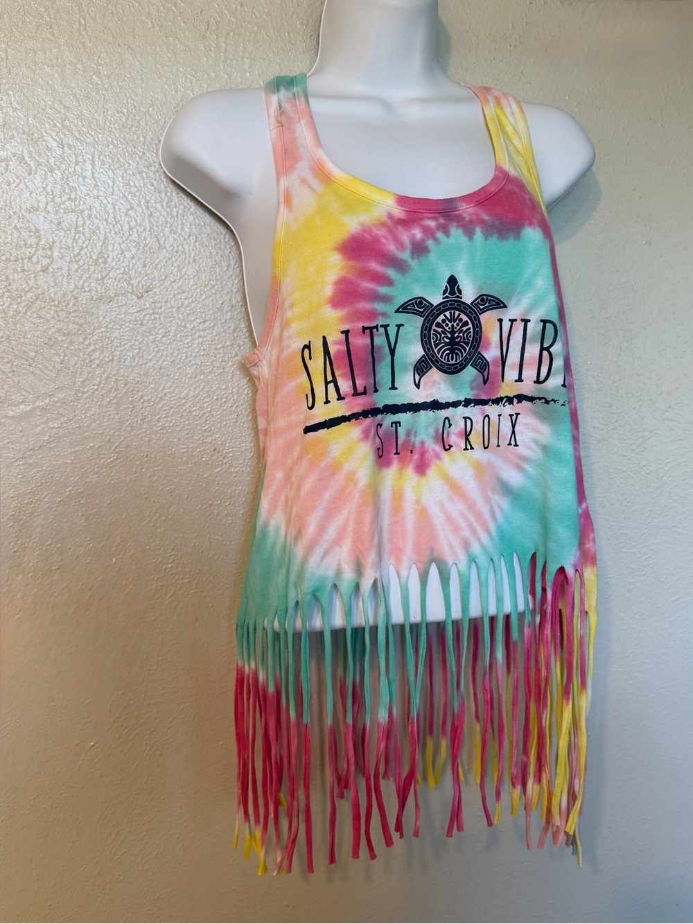 DREAMSICLES ST. CROIX Salty Vibes Tie-Dye Fringe Racerback Tank Top Tee T-Shirt